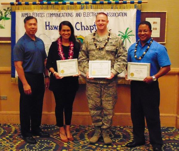 At the chapter's July luncheon (l-r) Fong recognizes Summer Vaimaona, Young AFCEAN of the Month, Chief Master Sgt. Christoper Gradel, USAF, Senior Government Leader, and Frank Isley, AFCEAN of the Month. 
