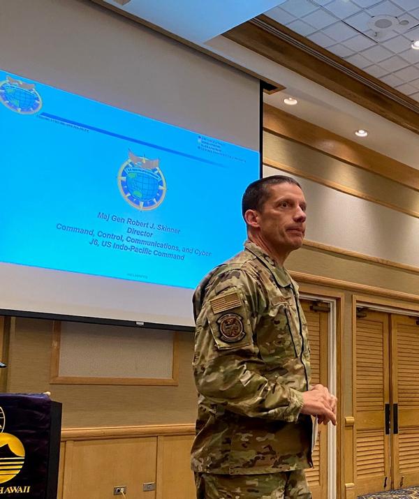 Maj. Gen. Robert J. Skinner, USAF, director, Command, Control, Communications and Cyber (C4) for U.S. Indo-Pacific Command, Camp H.M. Smith, Hawaii, speaks to an enthusiastic crowd at the March luncheon.