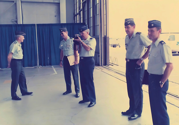 At the Gate: Maj. Gen. Robert G. Lynn, USA, U.S. commander in chief, Pacific Command (USINCPAC), J6, in 1986, (second from r), stands at the gate with others in 1986. Lynn's son, Lt. Gen. Alan Lynn, USA, also went on to lead the Defense Information Systems Agency, or DISA.