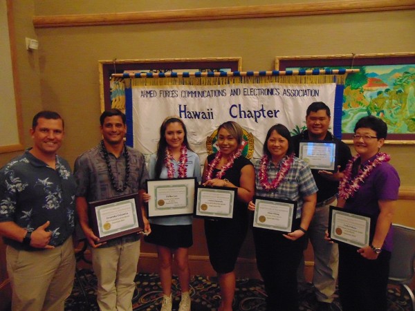 Attending the luncheon in September are (l-r) Muller; Ernesto Valentin, Executive of the Month; Lee; Lauren Estimada, Young AFCEAN of the Month; Diane Chong, AFCEAN of the Month; Munson Nakadomari, AFCEAN of the Month (August); and Linda Fukuya, Senior Government Leader of the Month.