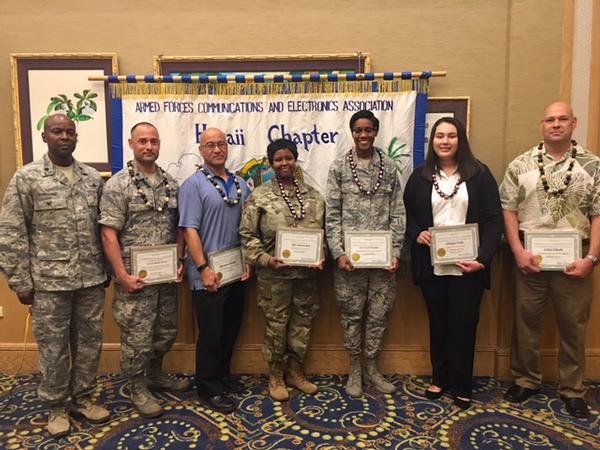 Col. Elbourne presents certificates in January to chapter award winners (from 2nd from l) Lt. Col Olexis Perez, USAF; Herman Bright; Staff Sgt. Jahaira Best, USA; Airman 1st Class Taylor Smith, USAF; Palk; and John Clark.