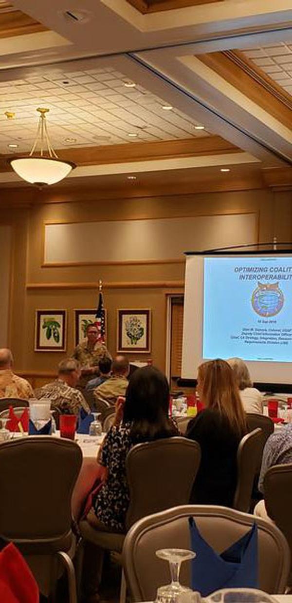 Speaker Col. Glen M. Genove, USAF, deputy chief information officer and chief, C4 Strategy, Integration, Resources and Requirements Division, Headquarters U.S. Indo-Pacific Command, Camp H.M. Smith, Hawaii, presents on optimizing coalition operability at the September event.