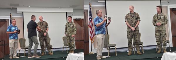 Palmieri presents a Coin of Excellence and Cloud presents the chapter's engraved coffee mug to guest speakers Voneida and Butler in appreciation of their presentations to the chapter's membership.