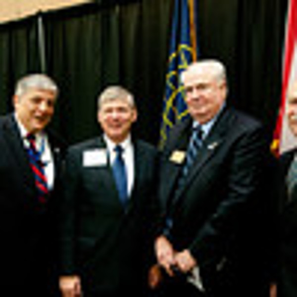 Joining together at the March meeting are (l-r) Col. Vic Budura, USAF (Ret.), chapter president; Lt. Gen. Robert Elder, USAF (Ret.), former commander of Air Force Network Operations; Thomas W. Gwaltney, regional vice president; and Michael Schexnayder.