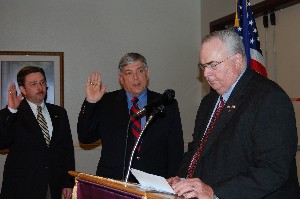 In April, (r-l) Tom Gwaltney, Midsouth Regional Vice President, swears in 2008-2009 chapter officers Vic Budura, president, and Darren Brewer, treasurer. 
