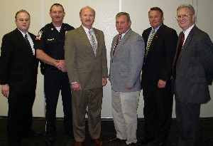 A number of local first responders attended the April meeting, including (l-r): Chris Reed, Emergency Management Officer, Huntsville-Madison County Emergency Management Agency; Greg Garner, Chief, Public Safety, Port of Huntsville; Henry Reyes, Chief of Police, Huntsville Police Department; Rusty Russell, Director, Huntsville-Madison County Emergency Management Agency; Rex Reynolds; Kenny Watts, Past-President Huntsville AFCEA Chapter.