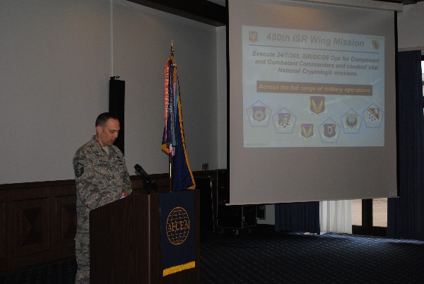 Master Sgt. James Philpott, USAF, of the 693rd Intelligence, Surveillance and Reconnaissance (ISR) Group speaks at the chapter's November Lunch and Learn.