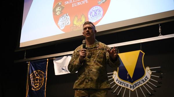 Col. James Austin, USAF, chapter president, addresses the participants at the March event. Photo by: AFN Europe, Sgt.  Jacob Slaymaker