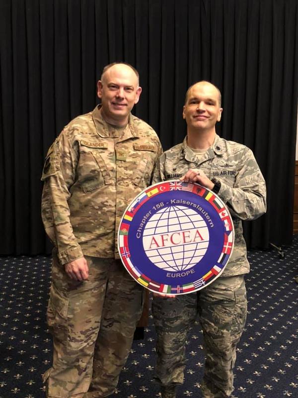 Col. Dave Olander, USAF, United States Air Force in Europe and Air Forces Africa/A6 (l) and Lt. Col. Michael Williams, USAF, chapter vice president, pause for a photo at the chapter's January meeting.