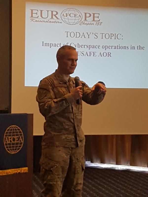 At the April meeting, Brig. Gen. Corcoran, USAF, director of operations, Strategic Deterrence and Nuclear Integration, USAFE–AFAFRICA A-3/10, discusses the impact of cyberspace operations in the USAFE AOR.