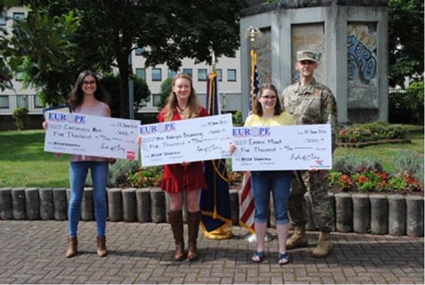 In June, the Kaiserslautern High School winners receive their scholarship and pause for a photo. (From l-r) Cassandra Ross, majoring in pre-medical biology at Nova Southeastern University, Broward County, Florida; Kabryni Bruening, majoring in pre-physical therapy at Central Michigan University, Mount Pleasant, Michigan; and Emma Moak, majoring in physics at Brigham Young University, Provo, Utah.  