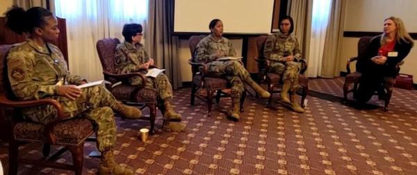 During the March event, panel participants (l-r) Technical Sgt. Shannon Moore, USAF, moderator, USAFE-AFAFRICA; Col. Lisa Martinez, USAF, U.S. European Command; Sgt. First Class Lauren Manley, U.S. Africa Command; Master Sgt. Brandi Baumgartner, USAF; and Melissa Werner, GDIT, discuss the future of tactical communications.
