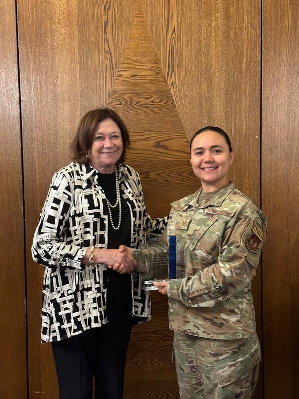 TSgt. Andrea Rojas Jimenez (r) receives the chapter's Emerging Leaders Award for March 2024 from Lt. Gen. Susan Lawrence, USA (Ret.), AFCEA International CEO and president.