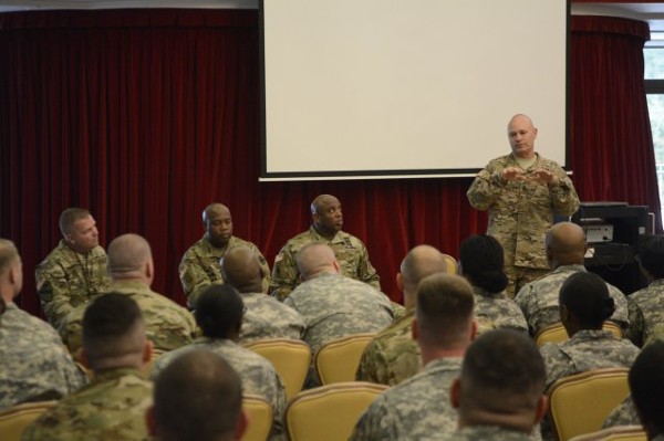 Sgt. Maj. Ricardo Samudio, USA, U.S. Army Europe, speaks at the October event.