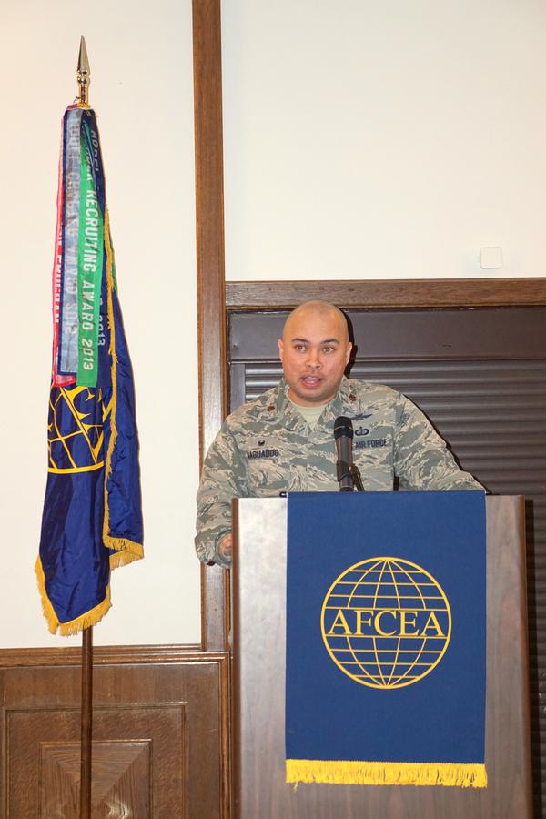 Maj. Joseph Maguadog, USAF, of the 693rd Intelligence Support Squadron (ISS), speaks in March about what his unit brings to the fight in the European theater. 