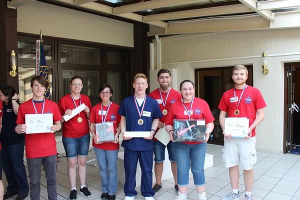 First-place winners of the chapter's April SkillsUSA competition are (l-r) Ian Moore, Sarah Bult, Maggie Thatcher, Aaron Valentine, Ivan Garcia, Marianna Bifulco and Kevin Pendergrass.