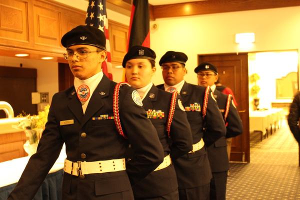 Cadets line up before presenting at the March event. Pictured here are (l-r) Cadet Airman Angel Acosta, Cadet Master Sergeant Tricitti Mamac, Cadet Staff Sergeant Zachary Alexander, and Cadet Technical Sergeant Micah San Pedro.