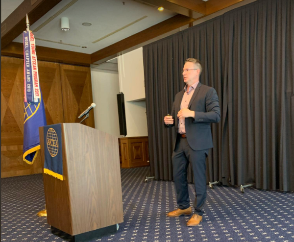 Matt Phillips, chief data officer, U.S. Air Forces in Europe and Air Forces Africa (USAFE-AFAFRICA), briefs the chapter on USAFE-AFAFRICA's priorities and focus on decision advantage during the October presentation.