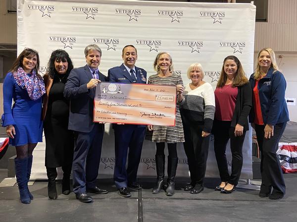 In November, the chapter presents $25,000 to Veterans Inc. to support its veterans education and training program. Pictured (l-r), Lisa Bousbouras, senior leadership giving officer, Veterans Inc.; Linda Sasser, Veterans Inc.; Jamie Thurber, chapter president; Lt. Col. Vincent Perrone, USAF (Ret.), president of Veterans Inc.; Joyce Sidopoulos, chapter secretary; Claire Goulet, chapter vice president of operations; Allison Alaimo, vice president of finance and development, Veterans Inc.; and Amanda Riik Herron, director of administration and employee relations, Veterans, Inc., pause for a photo.