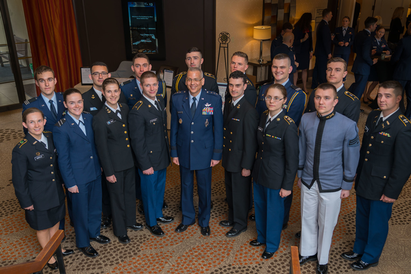 Keynote speaker Lt. Gen. Jack Weinstein, USAF, deputy chief of staff for strategic deterrence and nuclear integration, Headquarters U.S. Air Force, Washington D.C. (c), joins the chapter's STEM scholarship recipients in April for a group photo at the annual ROTC awards luncheon.