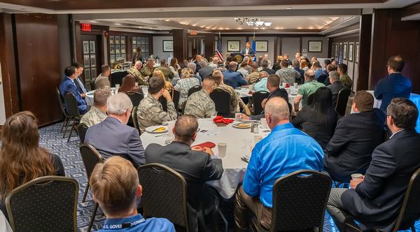 William E. Marion, Air Force deputy chief, Information Dominance, and deputy chief information officer, provides insight into the future of Air Force cybersecurity and network integration at a July distinguished speaker series breakfast. 
