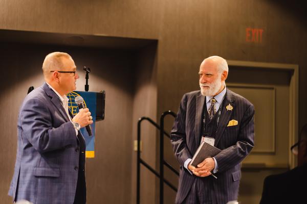 Troy Blanchard, Google Cloud (l), welcomes Vint Cerf, Google, at the March event. 