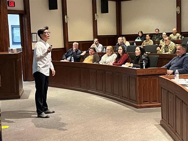 Col. Mo Barrett, USAF (Ret.), speaks to a captivated audience at the January event. 