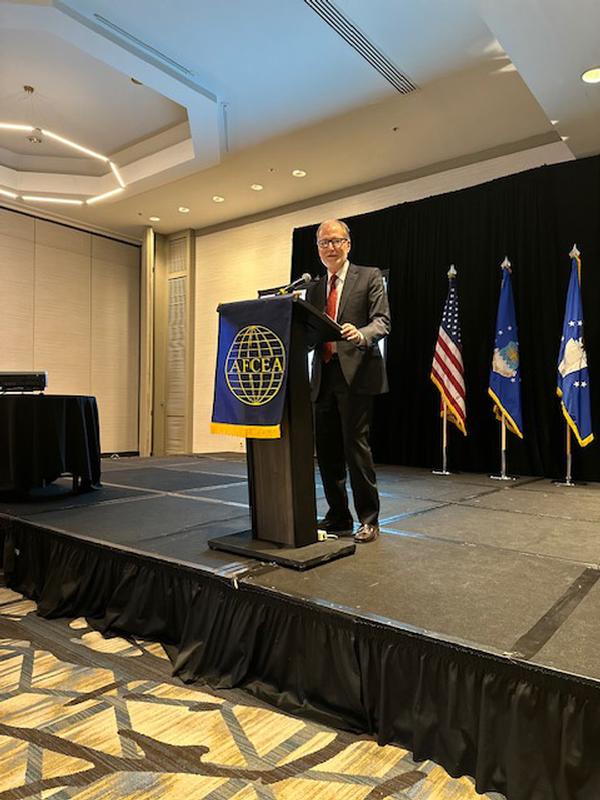 Steven Wert, deputy assistant secretary for acquisition integration in the Office of the Assistant Secretary of the Air Force for Acquisition, Technology and Logistics at the Pentagon, Arlington, Virginia, addresses the audience as part of the breakfast speaker series in May.