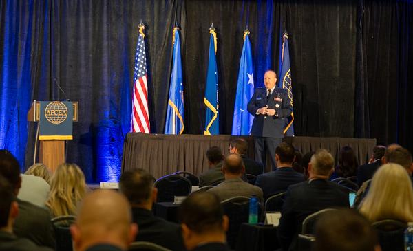 Maj. Gen. Anthony Genatempo takes the stage to address the crowd with his keynote in March.