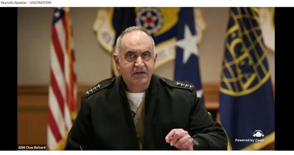 As keynote speaker, Adm. Chas Richard, USN, commander, U.S. Strategic Command, discusses his responsibilities for leading the Nuclear Command  and  Control (NC3) Enterprise during the New Horizons virtual Symposium in March.
