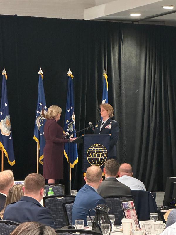 In February, Erin Donlan, chapter president, thanks Gen. Shipton for her presentation and support of AFCEA.
