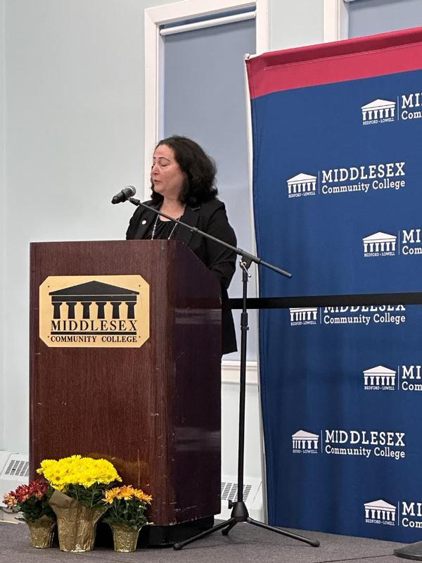 Deb Zides, chapter president, speaks at the Middlesex Community College Awards night in November.