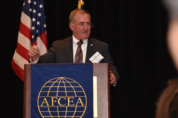 Stephen Falcone, director of engineering, Digital Program Executive Office, Hanscom Air Force Base, Massachusetts, former chapter president and board chairman, addresses students at the chapter's annual Fellowship Awards Banquet in May.