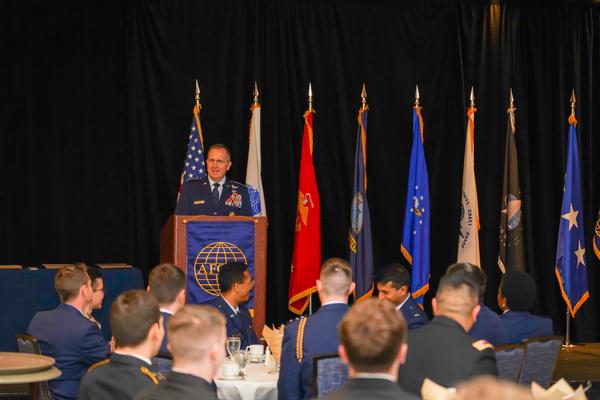 Gen. Slife addresses ROTC scholarship winners at this year's in-person awards ceremony held in April at the Boston Marriott Hotel.�

