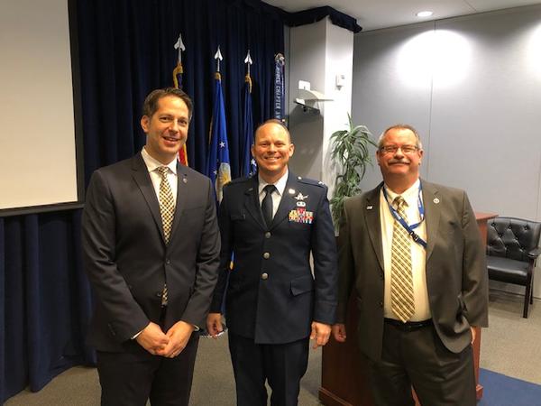 (From l-r) Michael Plantenga of Omni Consulting and chapter vice president of programs, is pictured with Col. Wallace "Rhet" Turnbull, USAF, and Steve Koeneker, deputy program manager of ENSCO,  at the January Los Angeles lunch meeting.