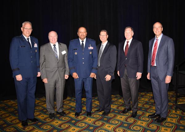 Attending Space Industry Days in October is (l-r) Brig. Gen. Philip Garrant, USAF, vice commander, Space and Missile Systems Center; Maj. Gen. Tom Taverney, USAF (Ret.); Lt. Gen. Tom Sheridan, USAF (Ret.); Lt. Gen. Samuel Greaves, USAF, director, Missile Defense Agency; Lane Gilchrist, chapter vice president of finance; and Bill Page, chapter president.