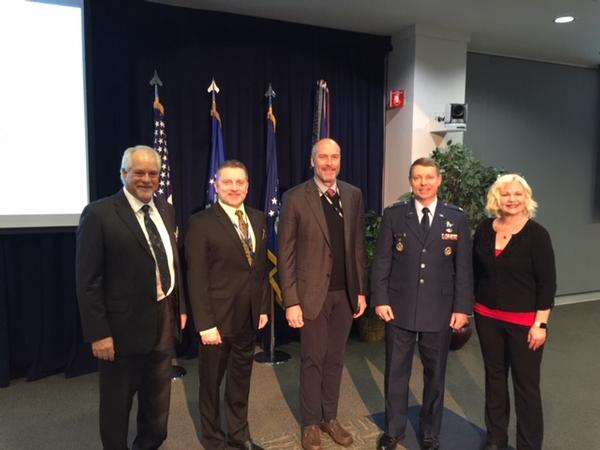 Col. Russ Teehan, USAF, portfolio architect of the Air Force Space and Missile Systems Center (2nd from r), presented at the January lunch/meeting. Pictured with him are (l-r) Douglas Holker, AFCEA regional vice president (l), Scott Beidleman, chapter president 2019, Bill Page, chapter president 2018, and Julie Ann Phinney at the January lunch/meeting.
