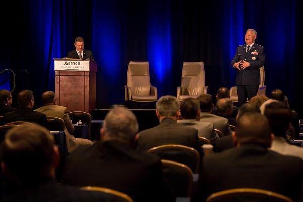 Space and Missile Systems Center (SMC) participates in the Space Industry Days at Los Angeles Marriott, California, in October 2019. Col. Scott Beidleman, USAF (Ret.), chapter president and executive director of Millennium Engineering and Integration, introduces Lt. Gen. John F. Thompson, USAF, commander of SMC. The commander makes opening remarks and emphasizes the importance of speed and industrial partnership to developing, acquiring and sustaining military space systems. Space Industry Days provides industry an opportunity to receive presentations from the U.S. Air Force and SMC senior leadership on current and emerging opportunities. 