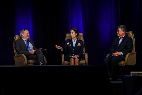 Panelists (from l-r) Maj. Gen. Martin Whelan, USAF (Ret); Maj. Gen. Nina M. Armagno, USAF, director, Space Programs, Office of the Assistant Secretary for Acquisition, Washington, D.C.; and Michael Dickey, director, Enterprise Strategy and Architectures Office and the Air Force Space Command chief architect at Air Force Space Command Headquarters, Peterson Air Force Base, Colorado, participate in a fireside chat at the SMC Space Industry Days in October.