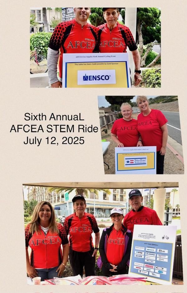 Participants pause for a photo at the registration desk and rest stop in Palos Verdes during the July event.