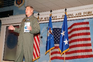 Lt. Gen. Robert J. "Bob" Elder Jr., USAF, commander, 8th Air Force (Air Forces Strategic), Barksdale Air Force Base, Louisiana; commander, Joint Functional Component, Global Strike and Integration, U.S. Strategic Command (STRATCOM), Offutt Air Force Base, Nebraska; and commander, nuclear bomber and reconnaissance Task Force 204, STRATCOM, discusses global operations and mission assurance at the chapter's November meeting.