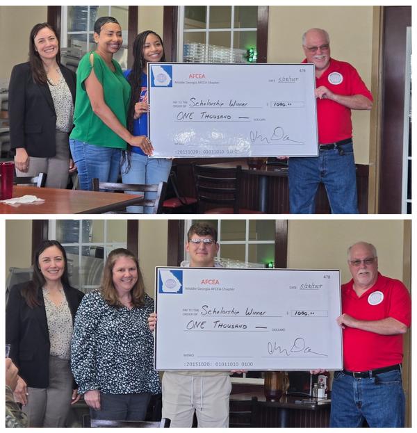 Pictured at the May scholarship award event are (top l-r) Darveau; Natalie Hoskins-White, proud mom; Camira Williams, recipient; Gillis; (bottom l-r) Darveau; Kayren Oliver, proud mom; James Oliver, recipient; and Gillis.