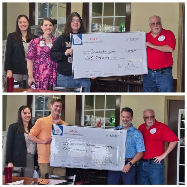 Posing for a photo during the May presentation of a scholarship check are (top l-r) Darveau; Jennifer Jones, proud mom; Cooper Jones, recipient; Gillis; (bottom l-r) Darveau; Daniel Chun IV, recipient; Dan Chun, proud father; and Gillis.