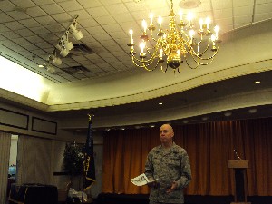 Col. Mark Ware, USAF, director of cyberspace plans and operations, 24th Air Force, addresses the chapter in March.