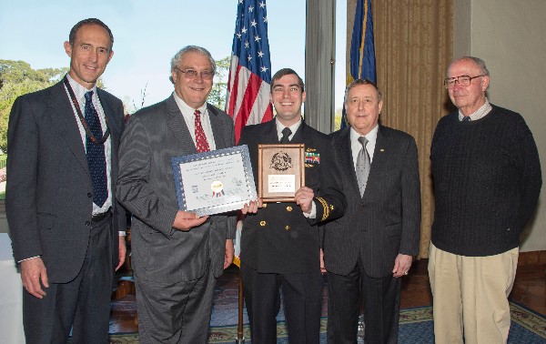 (l-r) NPS Provost Dr. James Newman, Honorable Dennis Donohue, Lt. Andrew Jackson, USN, NPS President Ronald Route, and Chapter President Lawrence Reeves at the awards ceremony in April. (Photo credit: Javier Chagoya)