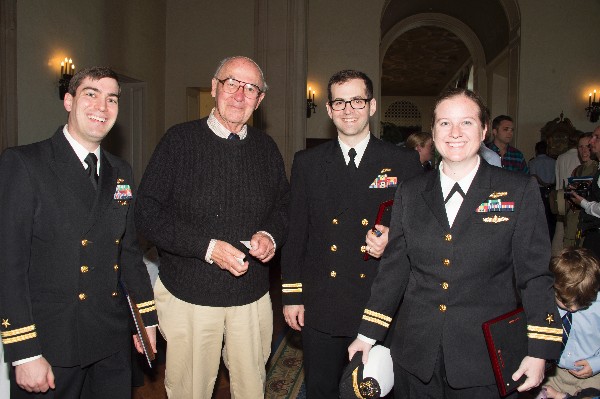 Jackson and Reeves with Lt. Stephen Bremer (Fleet Cyber Command Award) and Lt. Leslie Ward (Grace Murray Hopper Computer Science Award) at the awards ceremony in April. (Photo credit: Javier Chagoya) 

