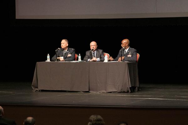 Maj. Gen. Cedric George, USAF, deputy director of resource integration and logistics chief information officer (CIO) (r), moderates a panel that includes John Koski, director of information systems and technology for the SAF/FM CIO (c), and Col. Kjall Gopaul, USAF, deputy director, Air Force Personnel Operations Activity, at May's Montgomery Information Technology Summit (MITS).