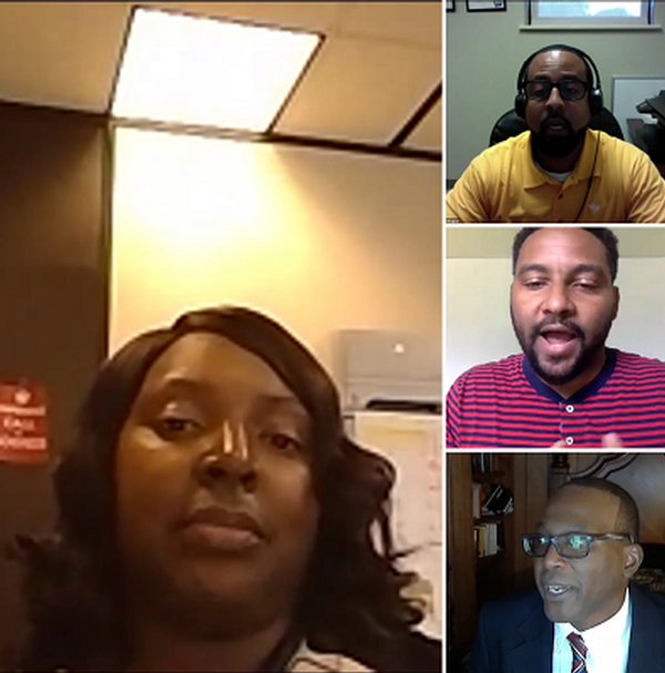 In July, the virtual luncheon panelists discuss "The Digital Divide." Pictured are Dawn Morrison, Alabama Department of Education (l); Eujon Anderson, Google innovator and Google certified trainer (top r); Tim Lewis, the AUM College of Education (bottom r); and Justin Hampton, Montgomery Education Foundation (middle r).