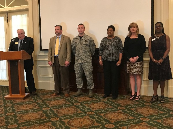 At the chapter's February luncheon, Midsouth Regional Vice President Tom Gwaltney (l) formally installs 2017 elected officers (l-r) Brian Knott, president; Senior Master Sgt. Neil Stewart, USAF, vice president; Cheryl Brown, treasurer; Candace Akerson, secretary; and Charisse Stokes, director, Education Foundation.