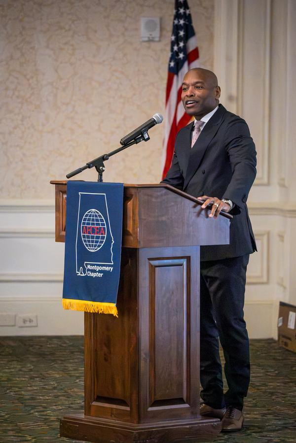 In February, Eric Sloan, chapter director of the Education Foundation, addresses the audience on the past year's scholarships and grants and encourages sponsors to support the chapter throughout the year.